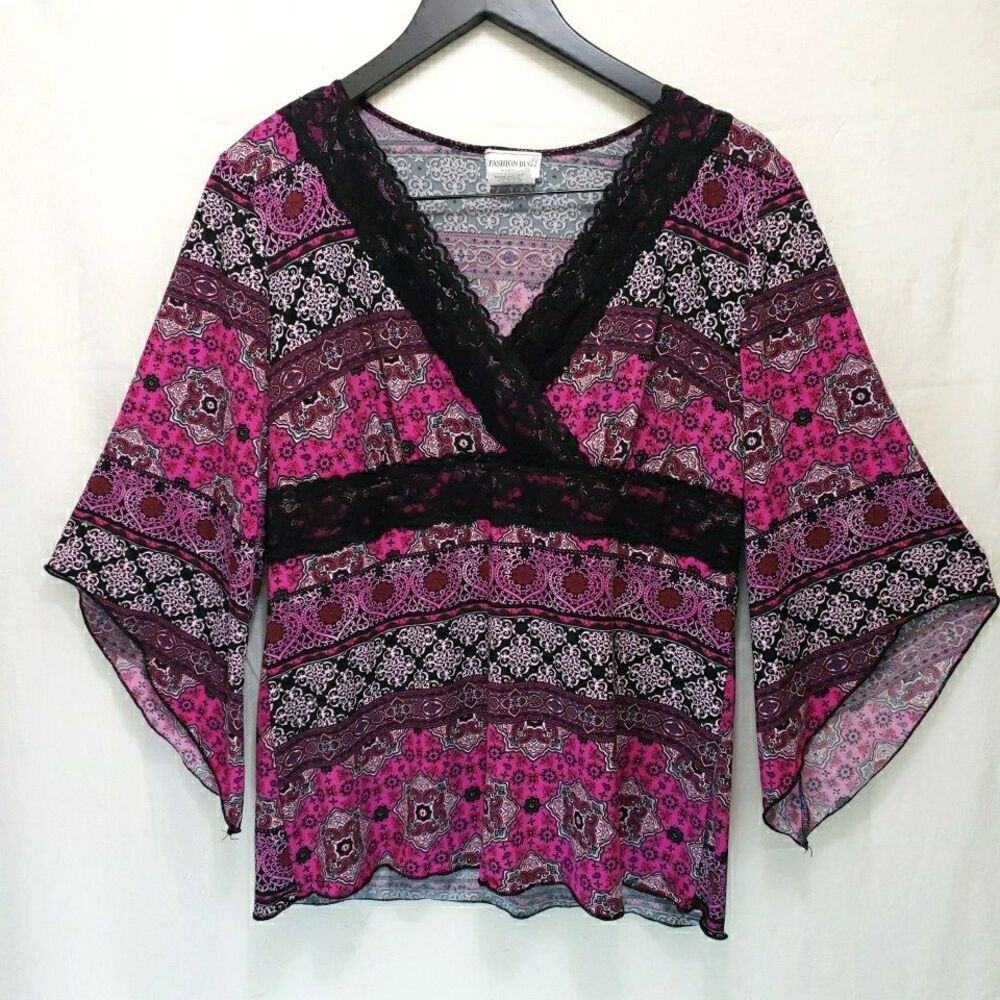 Fashion Bug Pink Boho Paisley Bell Sleeve Top Lace Trim Size Large Y2K 2000s